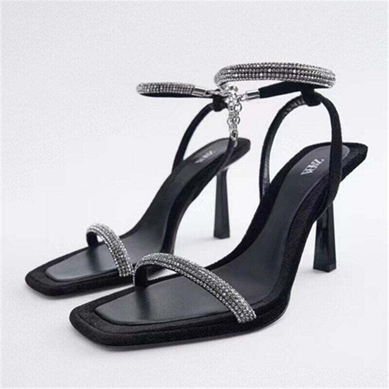 Shiny Rhinestone Stripper Heels Women Fashion Velvet Buckle Thin Heel, Color: 01 Black, Shoe Size: 35