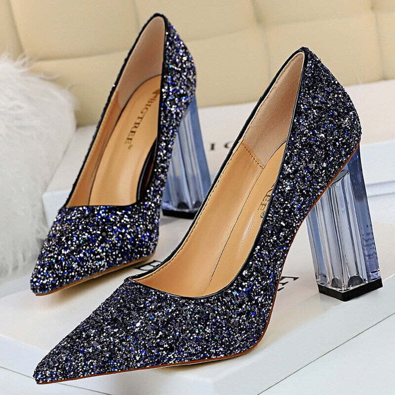 Shoes Transparent Heels Women Pumps Sequins Wedding Shoes, Color: Blue, Shoe Size: 41