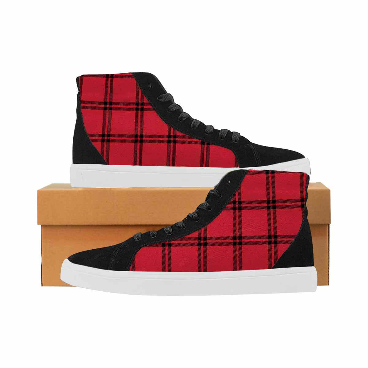 Sneakers for Men, Red and Black Buffalo Plaid - High Top Sports Shoes
