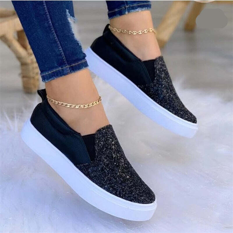 Moccasins Glitter Flat Female Loafers Shoes Rose Gold/Black/Gold, Color: Black, Shoe Size: 5