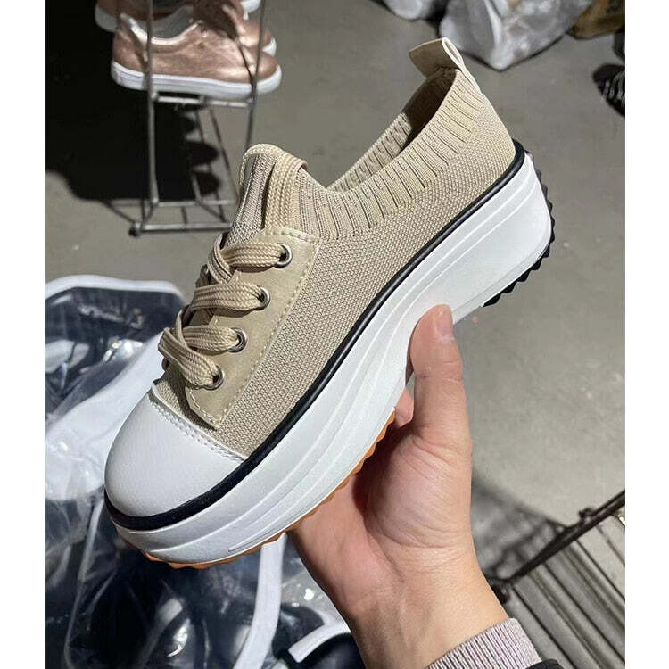 Summer Knitted Breathable Sneakers Women&#39;s Vulcanize Shoes, Color: Beige, Shoe Size: 6
