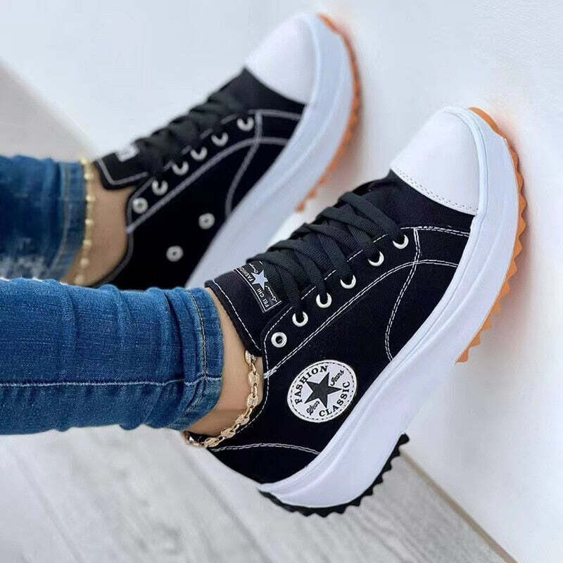Flat Lace-Up Sneakers Pattern Canvas Shoes Casual  Sport Shoes, Color: Black, Shoe Size: 5