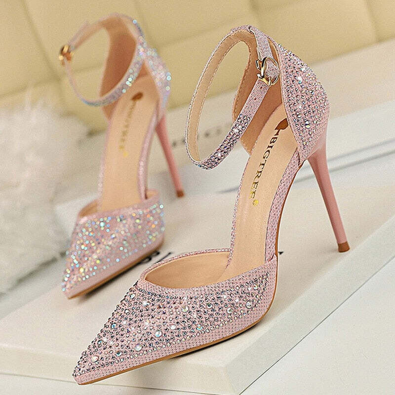 Shiny Rhinestones High Heels Ladies Shoes Women Pumps Stiletto Sandals, Color: Pink, Shoe Size: 37