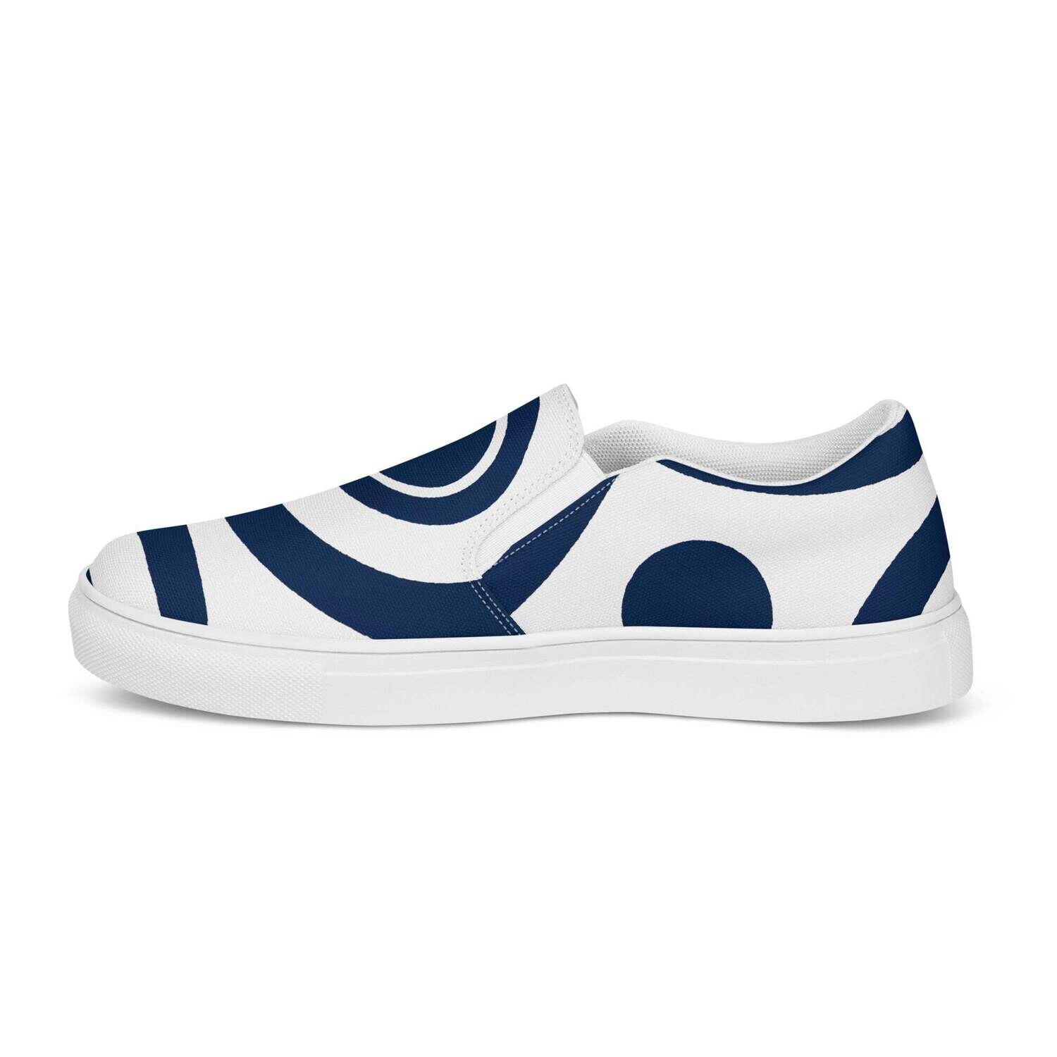 Men’s slip-on canvas shoes Navy Blue And White Circular Pattern, Size: 5