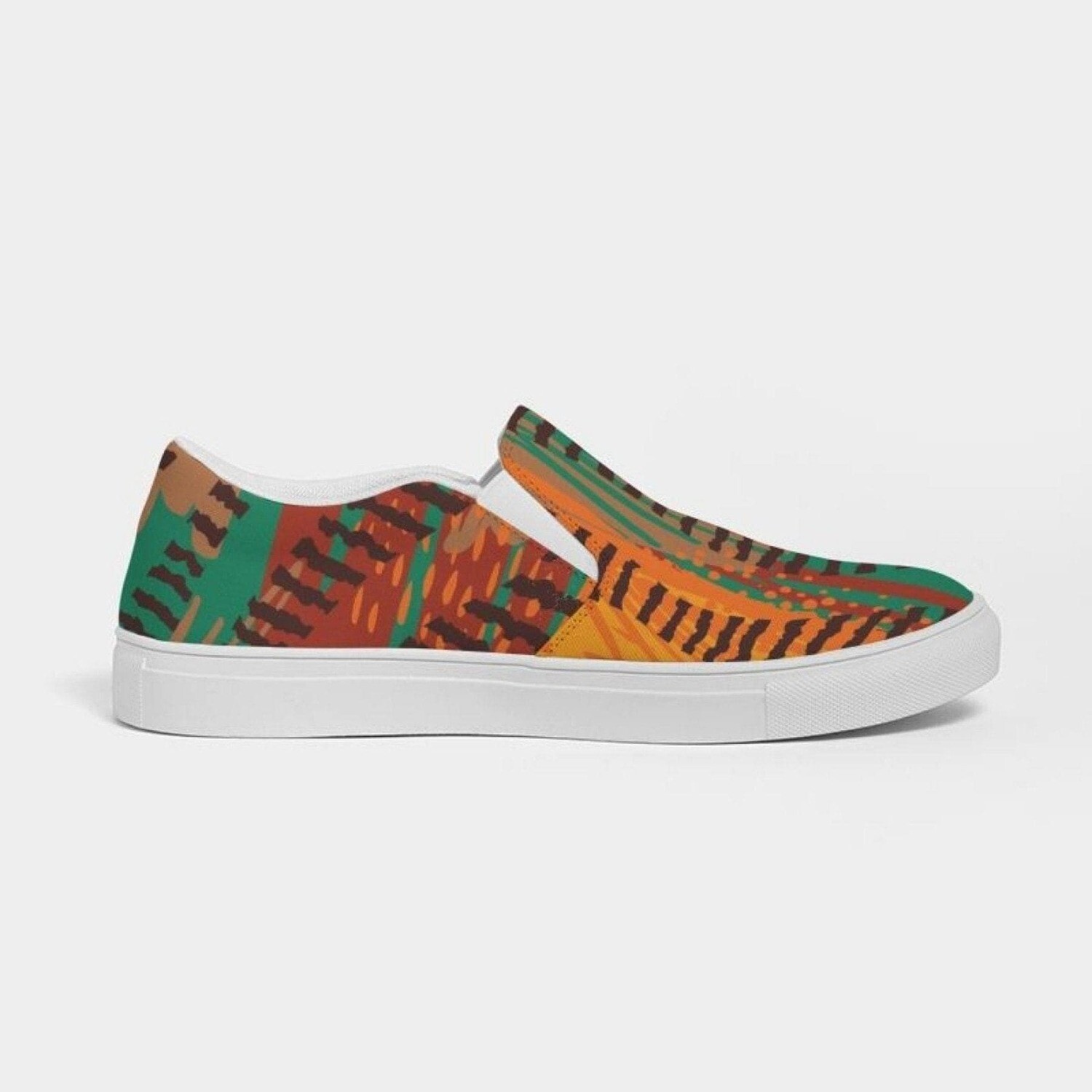 Womens Sneakers - Canvas Slip On Shoes, Brown and Green Print, Size: 7.5