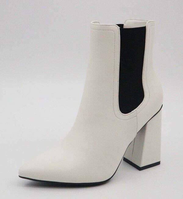 bootie with side elastic pointy toe chuncky heel, size: 6, color: White