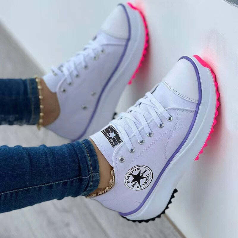 Flat Lace-Up Sneakers Pattern Canvas Casual Sport Shoes, Color: White, Shoe Size: 9