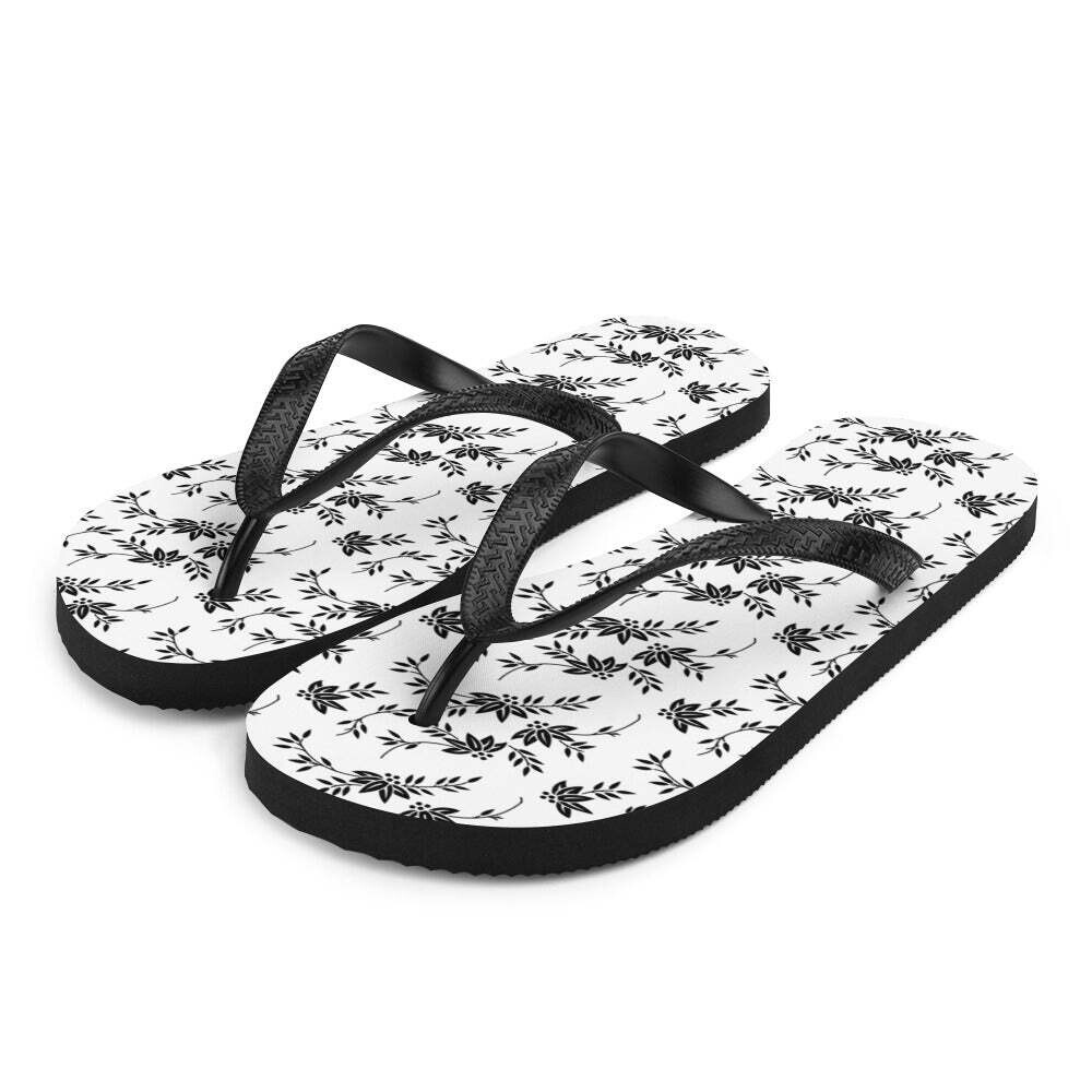Black and White Floral Flip-Flops, Size: L