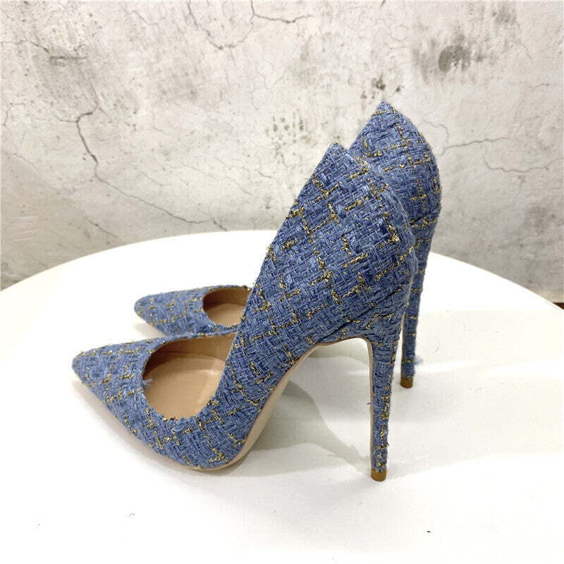 New Woven High Heels 12CM Pointed Toe Stiletto Pumps All-Match Women&#39;s, Size: 34, Color: Sky Blue 12CM