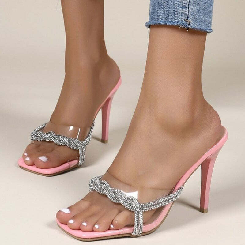 Sexy Rhinestone Cross Shiny Heel Sandals, Color: 01 Pink, Shoe Size: 36