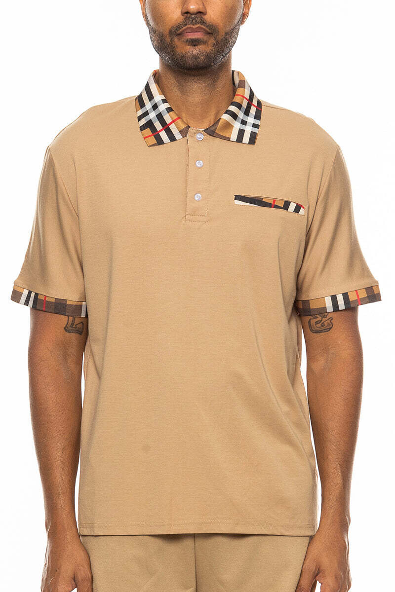 Checkered Detail Polo, Size: L, Color: KHAKI