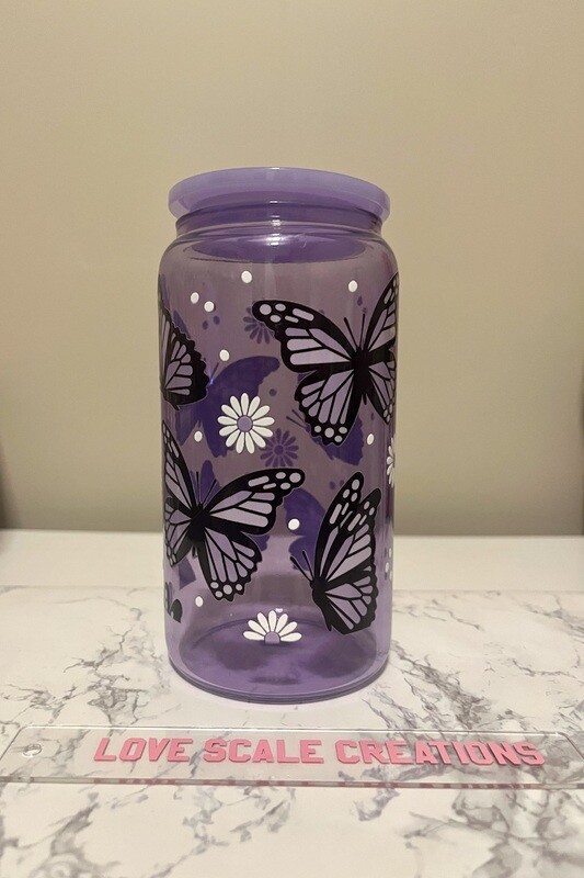 Purple Butterflies 16oz Purple Glass Cup