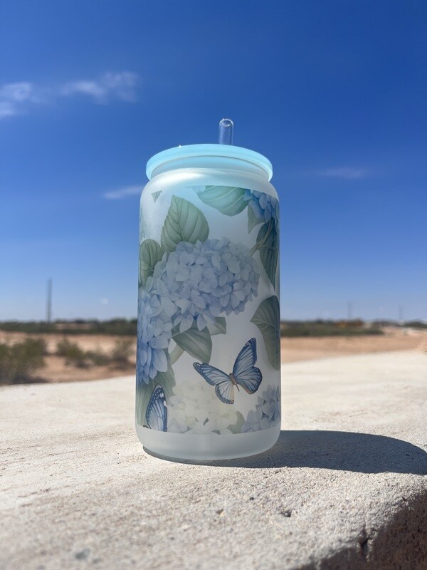 Blue Hydrangea Flower 16 Oz Frosted Tumbler