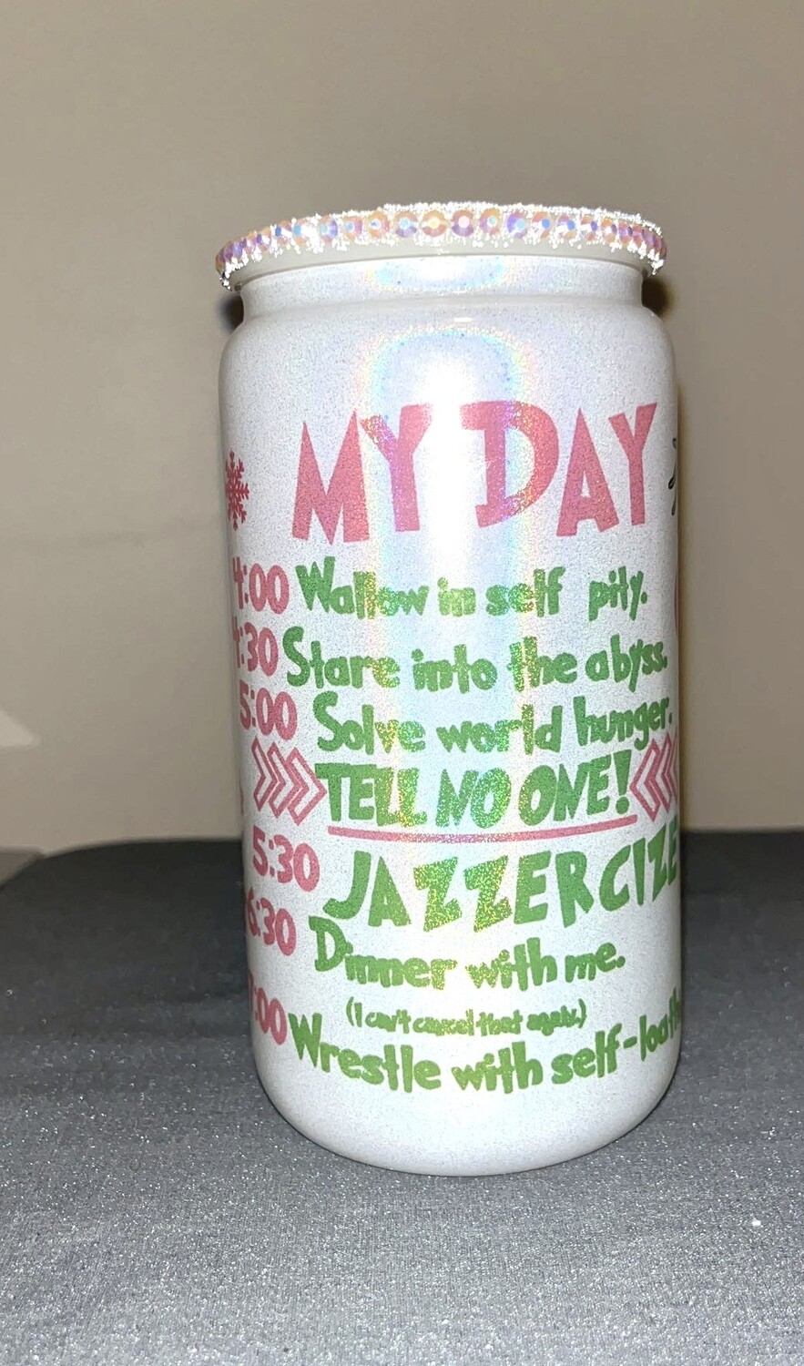 Pink Gr*nchmas White Shimmer 16oz Cup with Rhinestone Lid