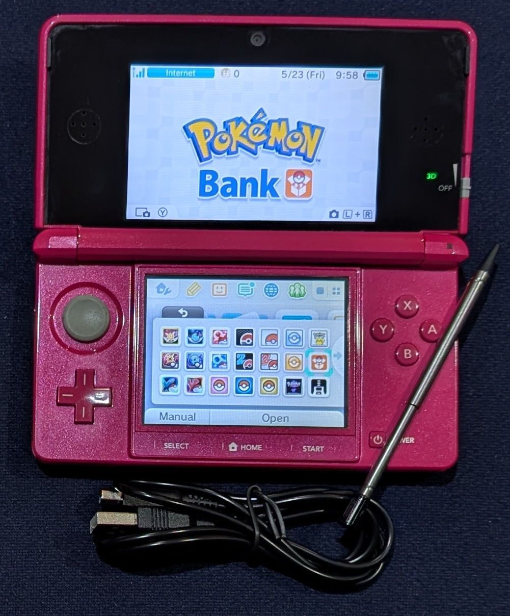 Custom Hot Pink Nintendo 3DS original model with 64 GB SD card, USB charger