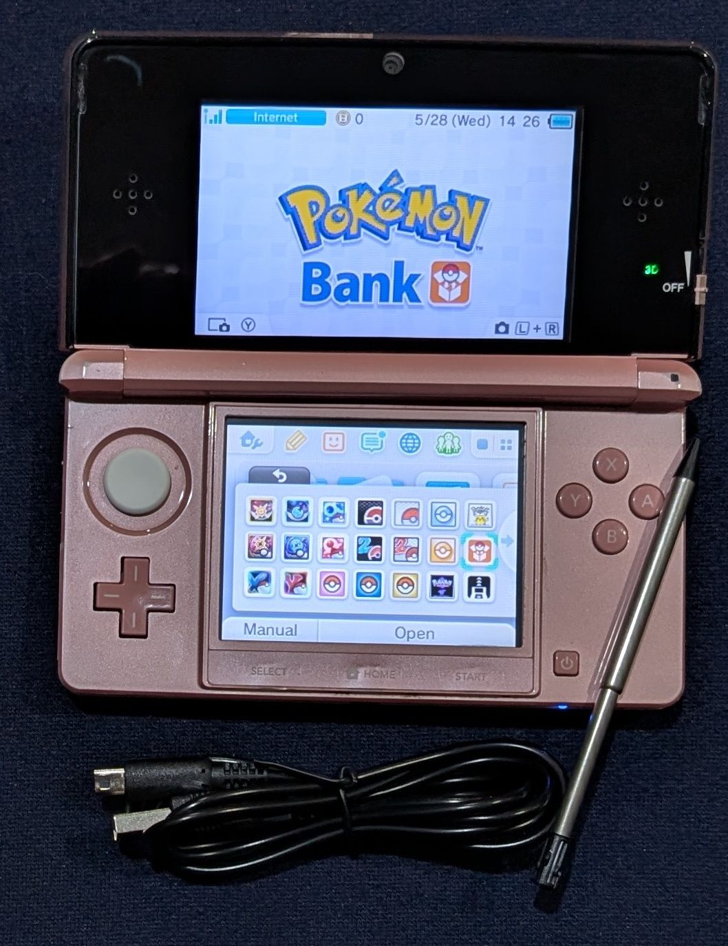 Custom Pink Nintendo 3DS original model with 64 GB SD card, USB charger