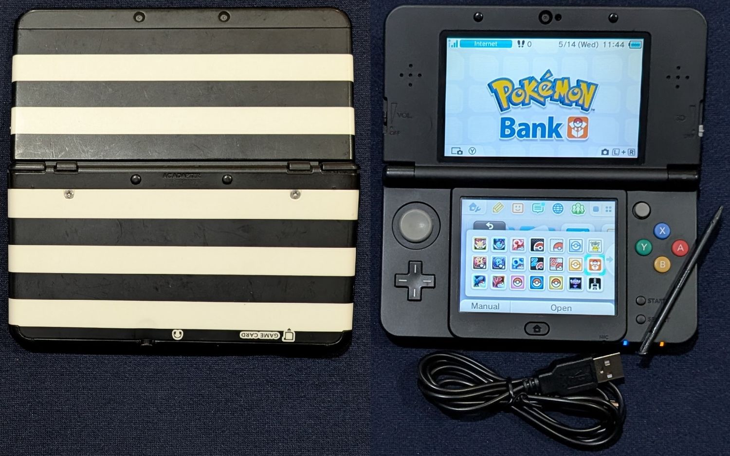 Custom Nintendo &quot;New&quot; 3DS with striped faceplates, 128 GB microSD, charger
