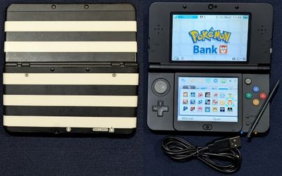 Custom Nintendo &quot;New&quot; 3DS with striped faceplates, 128 GB microSD, charger