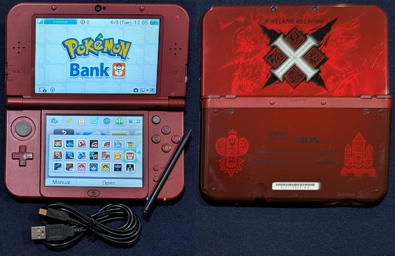 Dual IPS Monster Hunter Nintendo &quot;New&quot; 3DS XL with 256GB microSD, USB charger