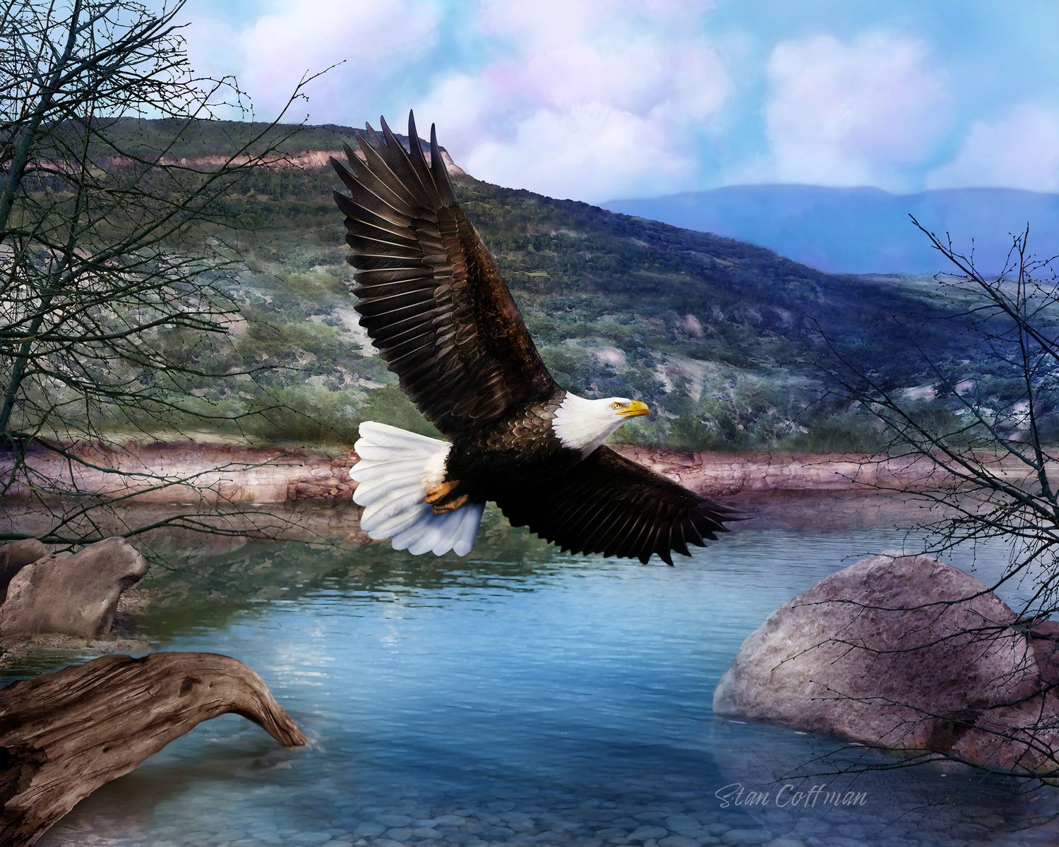 Eagle gliding over lake