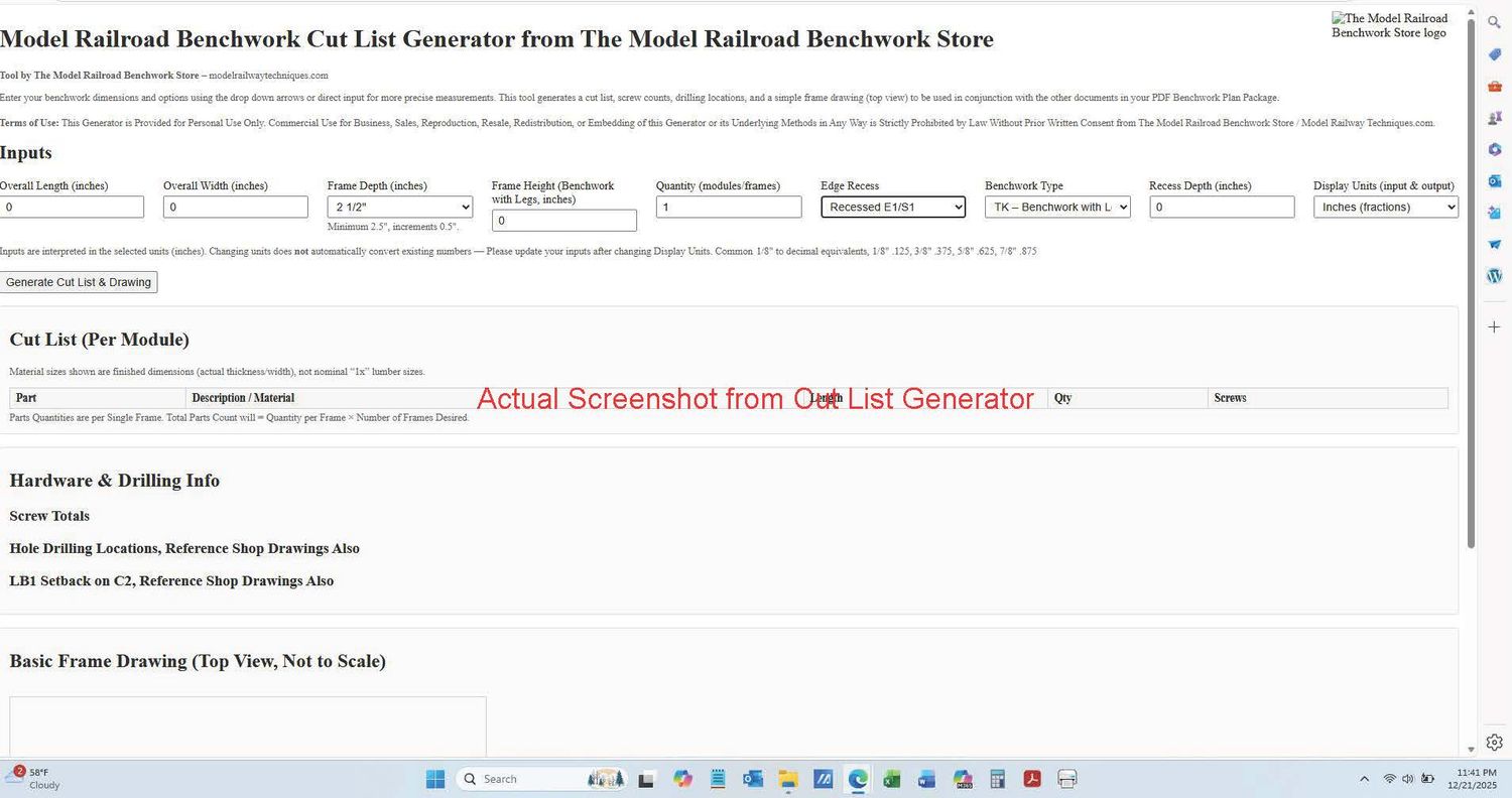 PRO Digital Benchwork Plan Package™ plus Model Railroad Benchwork Cut List Generator™ PRO Digital Benchwork Plan Package™ plus Model Railroad Benchwork Cut List Generator™