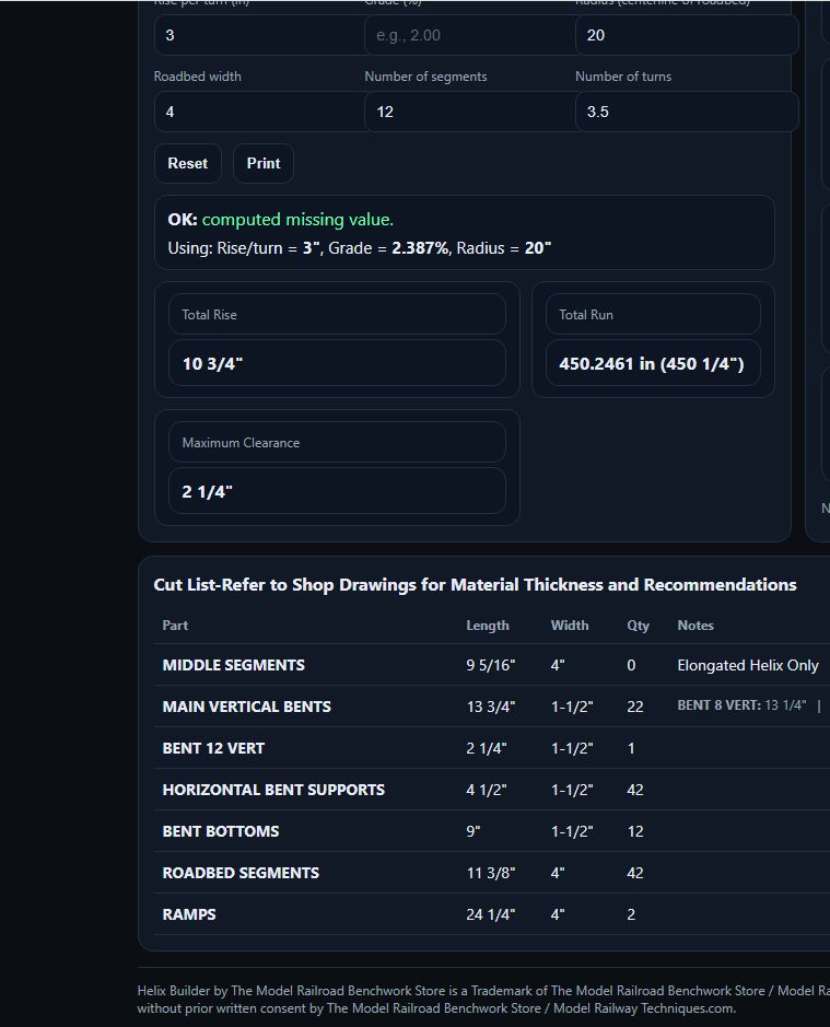 Helix Builder™ Digital Helix Design & Build Package Helix Builder Screenshot cut list example