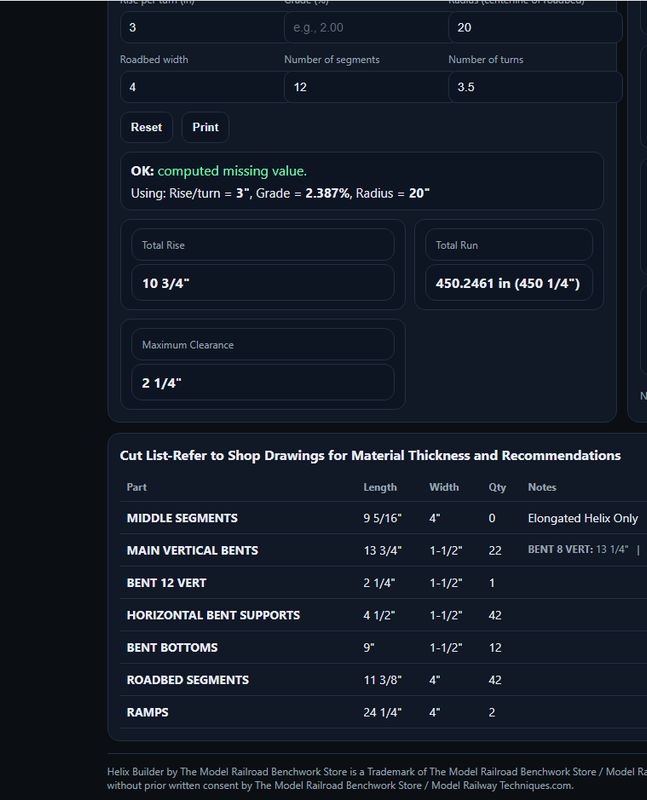 Helix Builder Screenshot cut list example