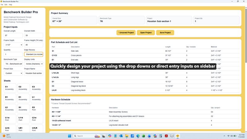 Benchwork Builder Pro main user interface window