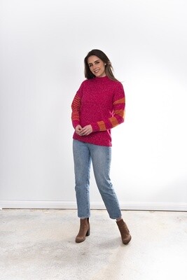Bella Knitwear - Striped Sleeve P/Over Rose-Clementine