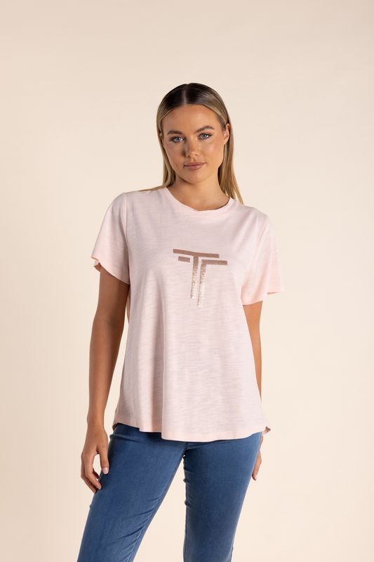 Two-T&#39;s - Logo Sequin Crew T-Shirt Pink Rose - 2818