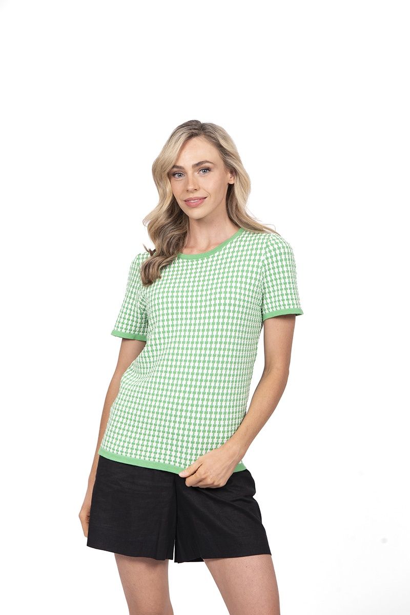 Bella - Short Sleeve Jacquard Top Green/White - FB4272