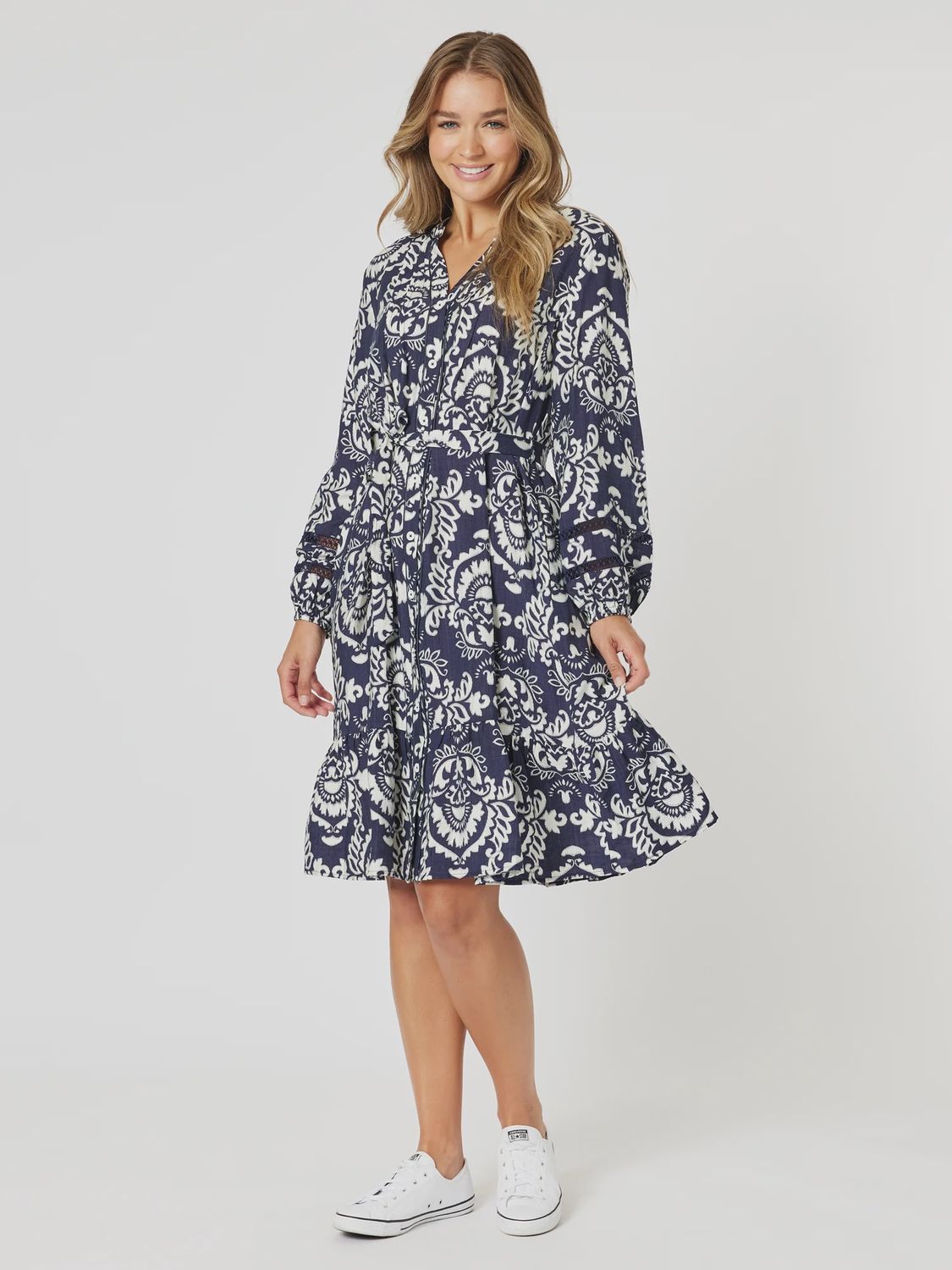 Threadz - Emily Print Button Dress / Navy/White 46553