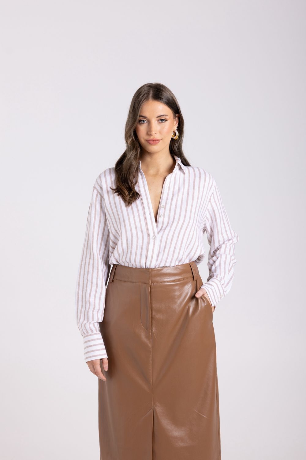 Two-T&#39;s - Stripe Shirt / Camel/White 3061
