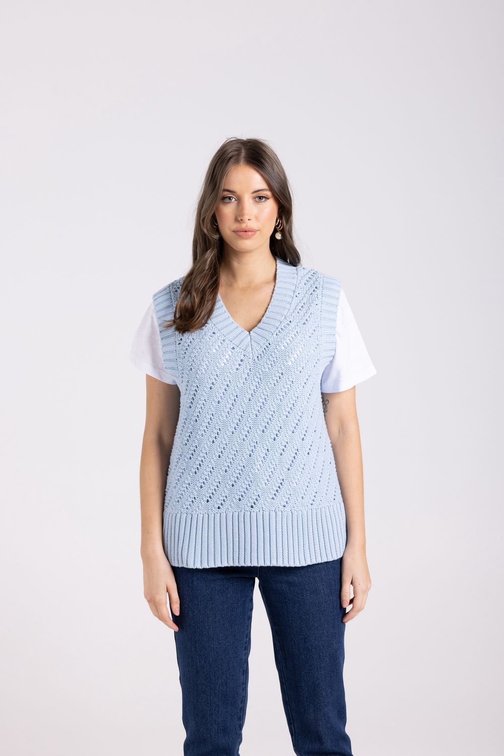 Two-T&#39;s - Pointelle V Neck Vest / Powder Blue 3003