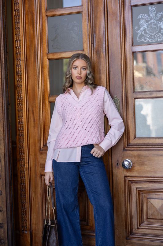 Two-T&#39;s - Pointelle V Neck Vest / Soft Pink 3003