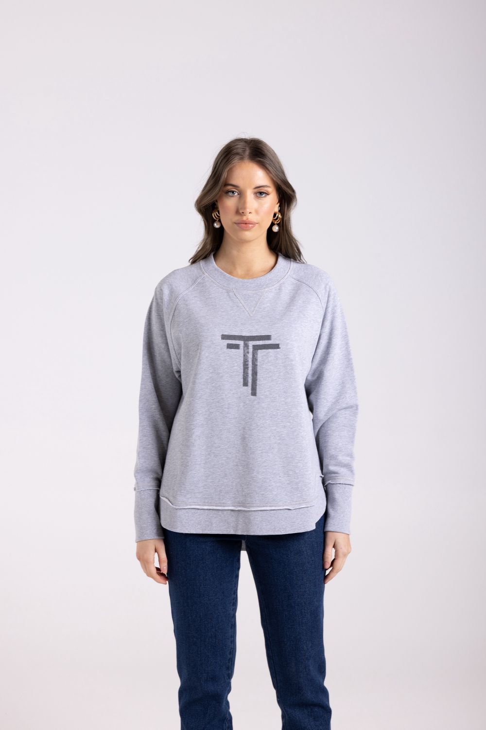 Two-T&#39;s - Scoop Hem Sweat W/DTM Sequins / Grey Marle 3023