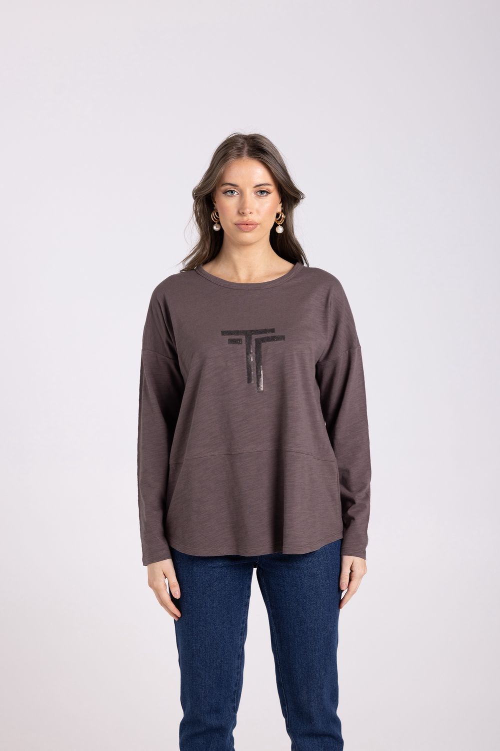 Two-T&#39;s - Logo Sequin Crew L/Slv Top / Espresso 3025