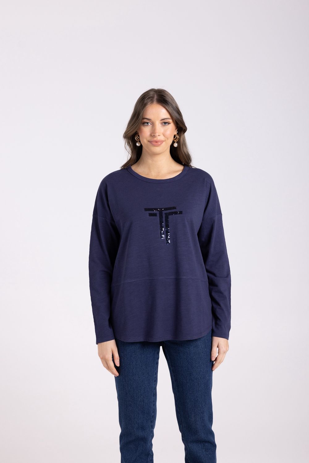 Two-T&#39;s - Logo Sequin Crew L/Slv Top / French Navy 3025