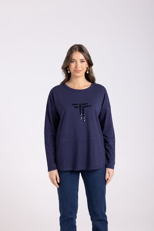 Two-T&#39;s - Logo Sequin Crew L/Slv Top / French Navy 3025
