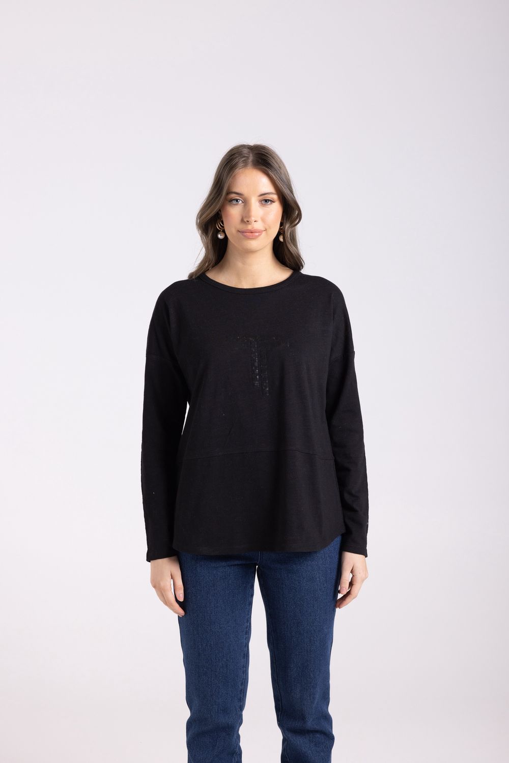 Two-T&#39;s - Logo Sequin Crew L/Slv Top / Black 3025