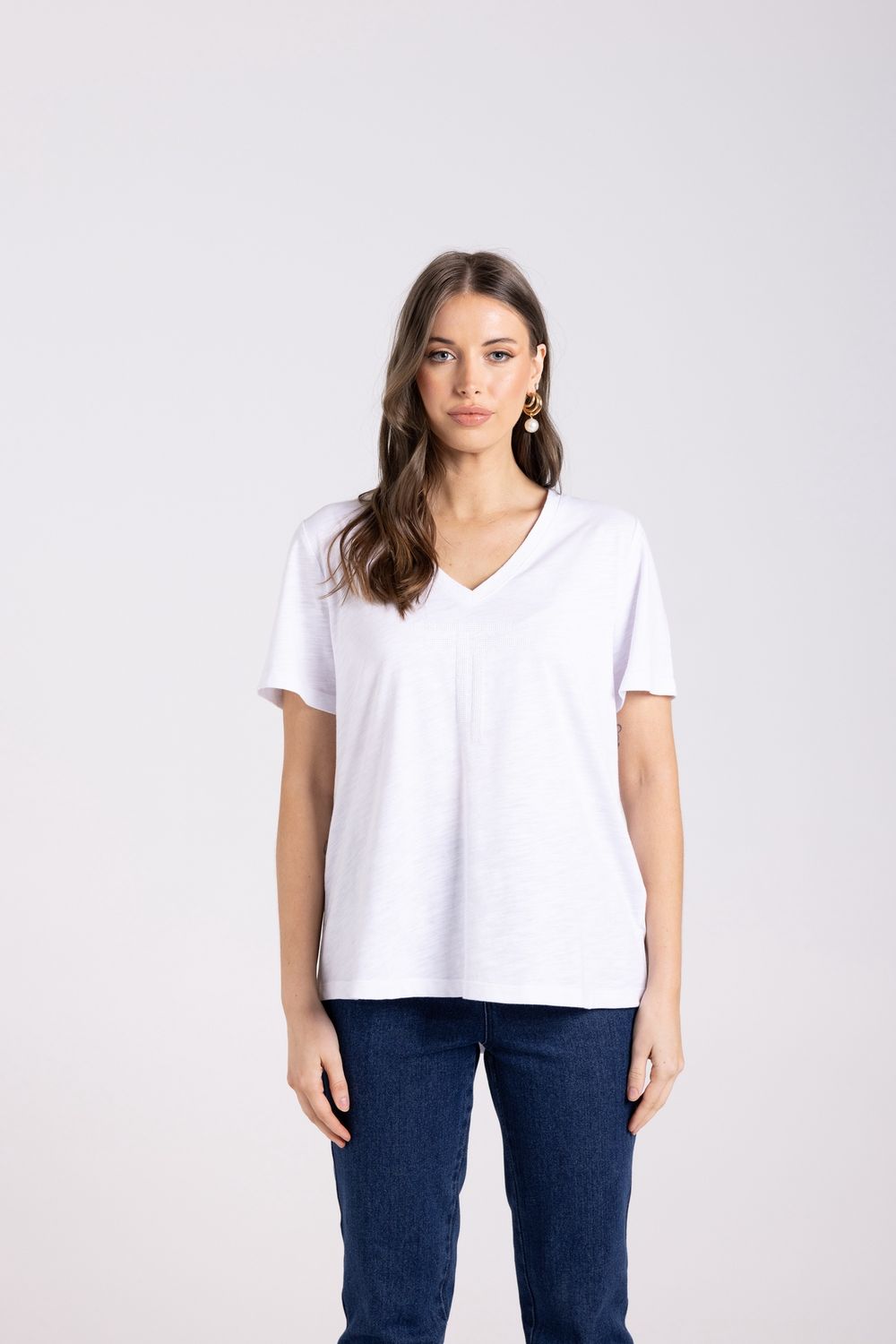 Two-T&#39;s - V Neck DTM Sequin T-Shirt / White 3029
