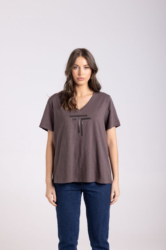 Two-T&#39;s - V Neck DTM Sequin T-Shirt / Espresso 3029