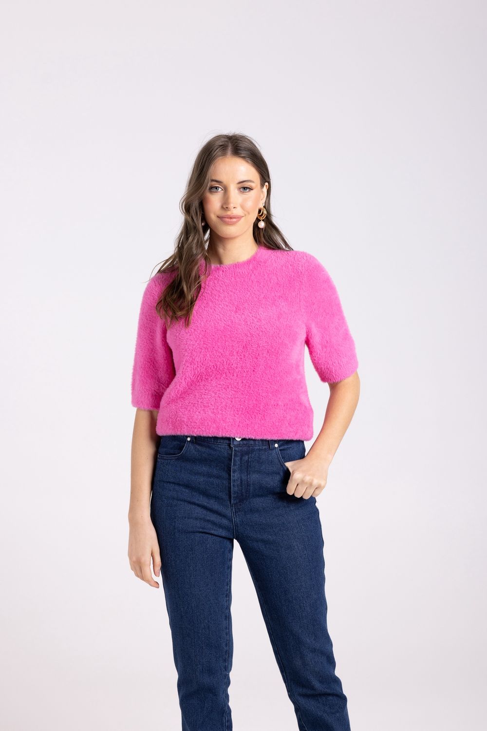 Two-T&#39;s - Fluffy S/Slv Crew Knit / Bright Pink 3005