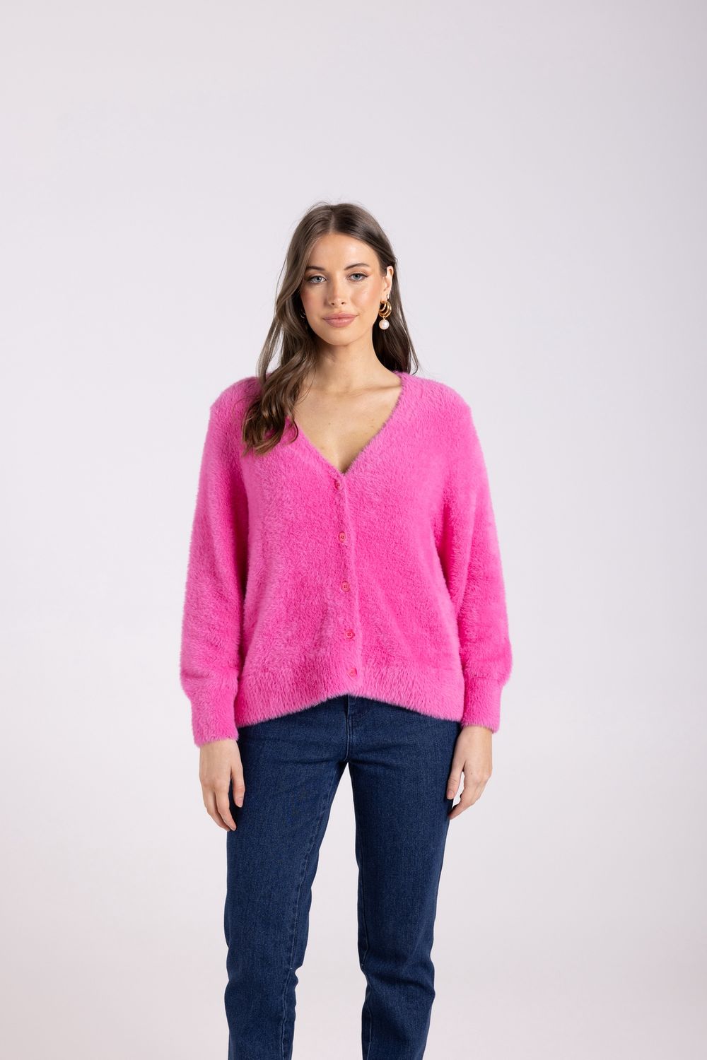 Two-T&#39;s - Fluffy Cardigan 7/8 Slv / Bright Pink 3006