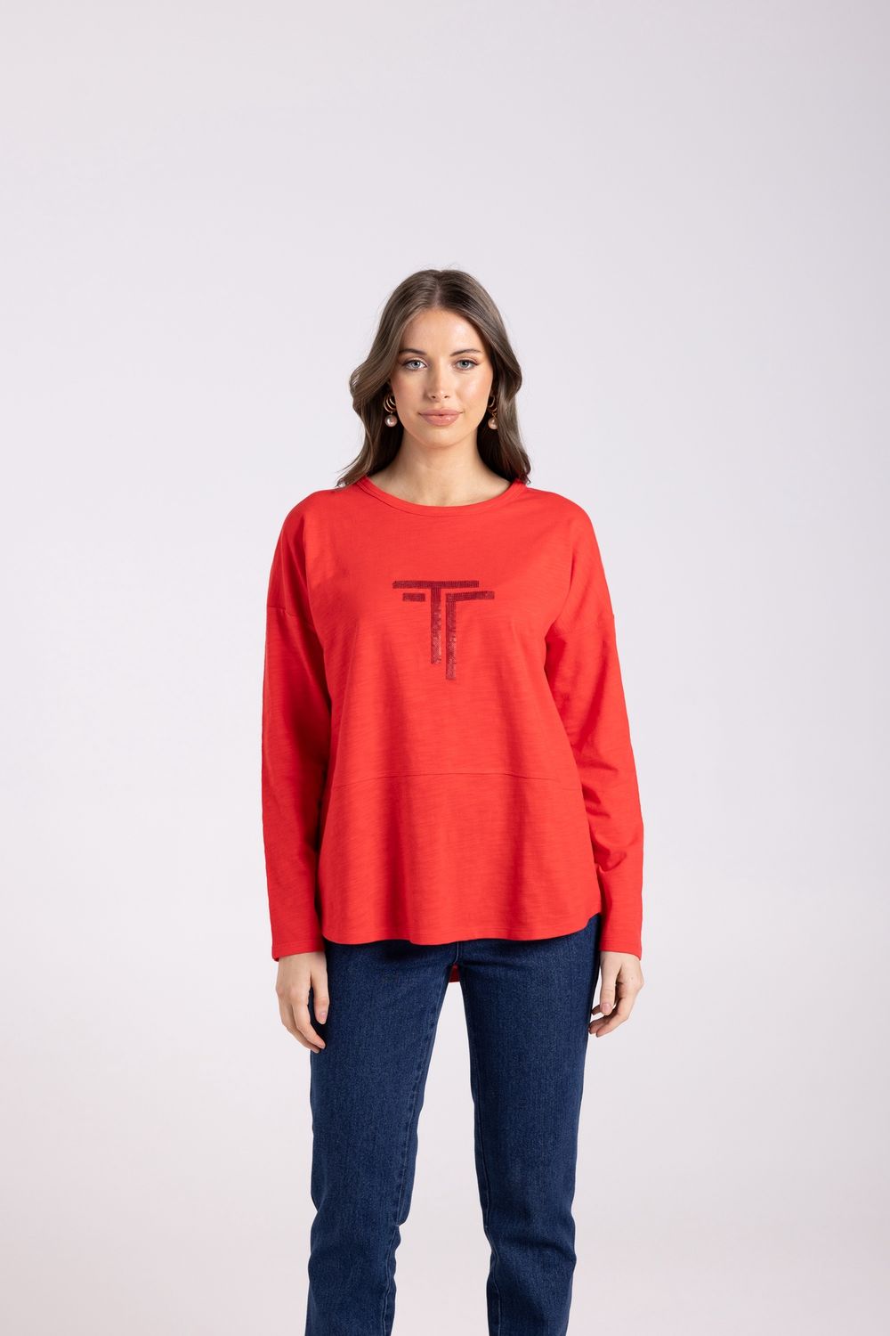 Two-T&#39;s - Logo Sequin Crew L/Slv Top / Scarlet 3025