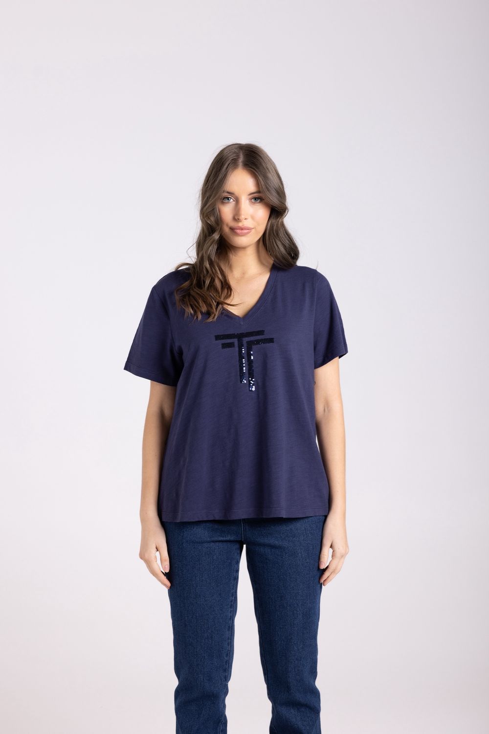 Two-T&#39;s - V Neck DTM Sequin T-Shirt / French Navy 3029