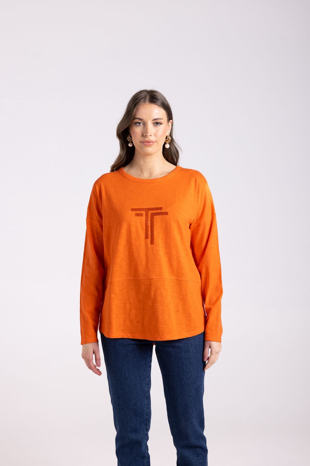 Two-T&#39;s - Logo Sequin Crew L/Slv Top / Tangerine 3025