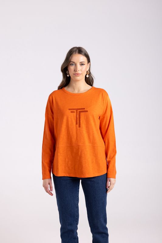 Two-T&#39;s - Logo Sequin Crew L/Slv Top / Tangerine 3025