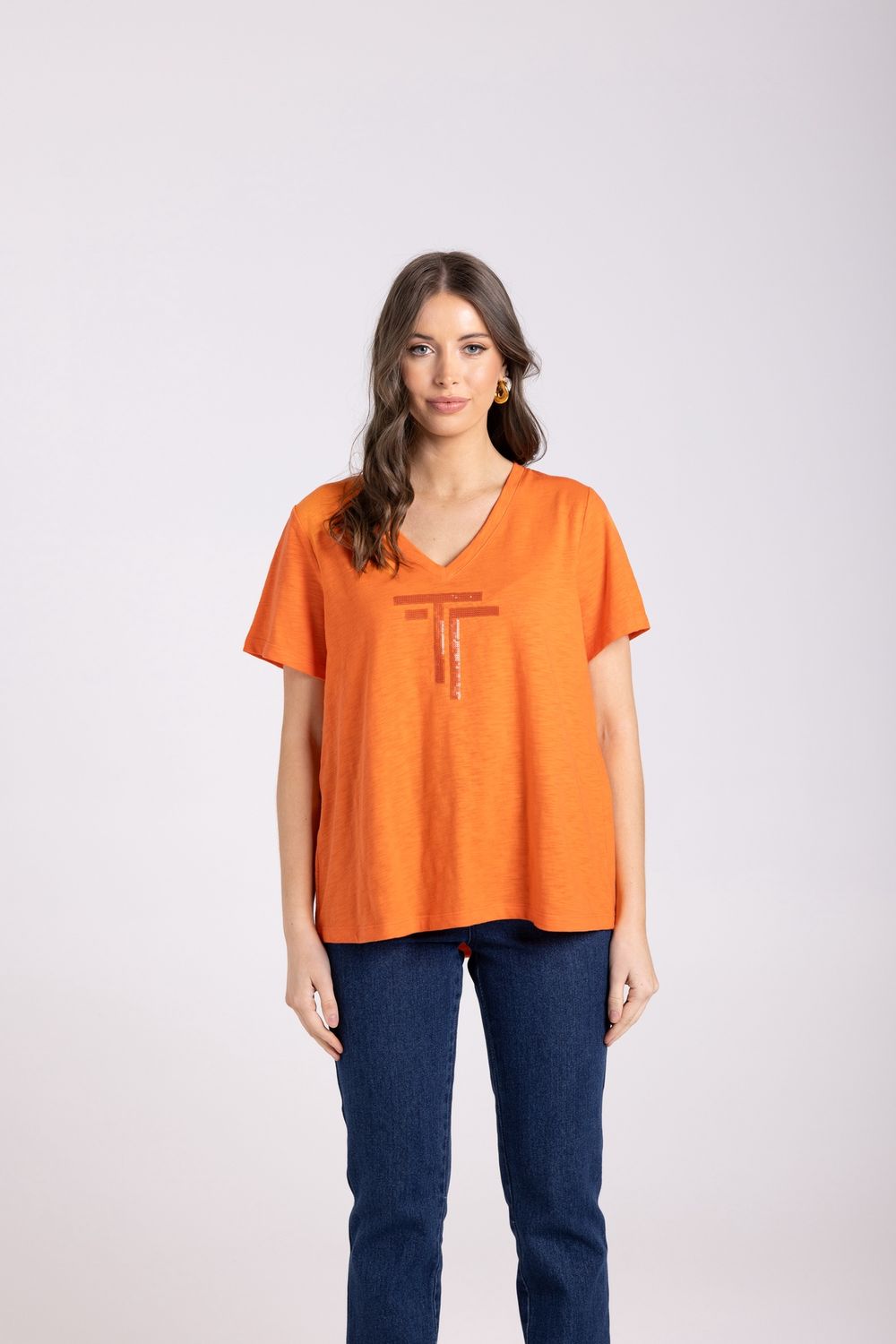 Two-T&#39;s - V Neck DTM Sequin T-Shirt / Tangerine 3029