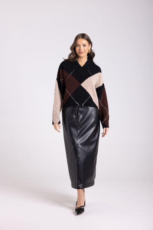 Two-T&#39;s - High V Neck Sweater / Black Multi 3043